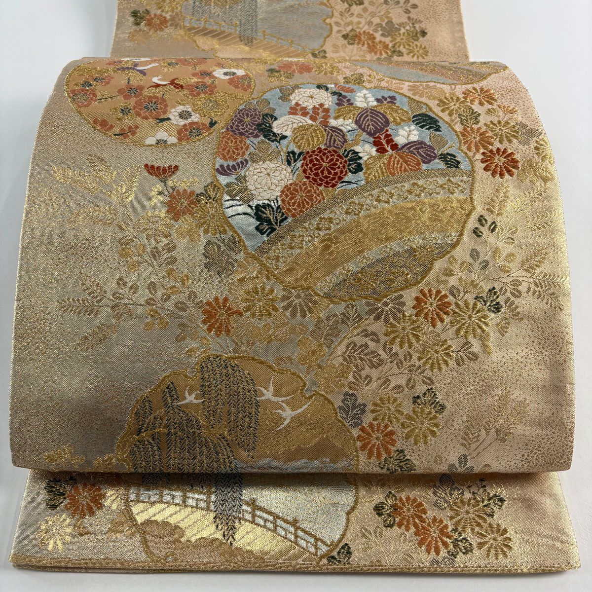 【美品】 袋帶 秀品級 花鳥 七寶 金絲 金金箔 金色 六通 純蠶絲