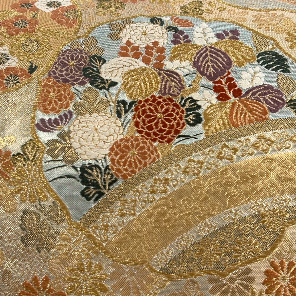 【美品】 袋帶 秀品級 花鳥 七寶 金絲 金金箔 金色 六通 純蠶絲