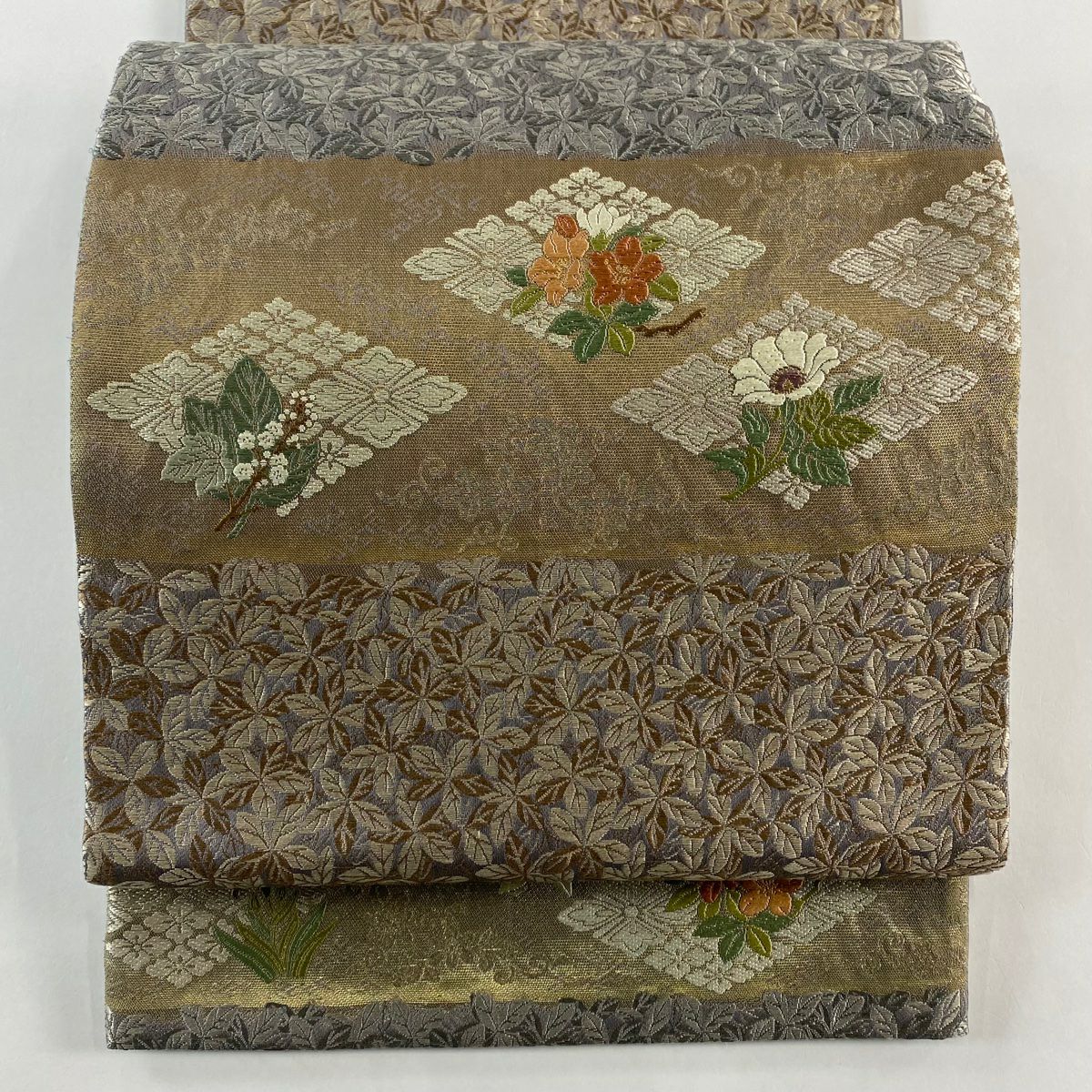 袋帶 秀品級 花菱 東宮御一家御印文 刺繡 金金箔 灰紫 六通 純蠶絲
