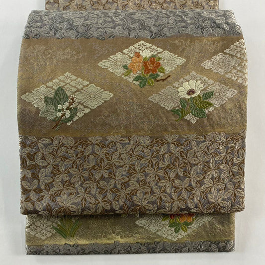 袋帶 秀品級 花菱 東宮御一家御印文 刺繡 金金箔 灰紫 六通 純蠶絲