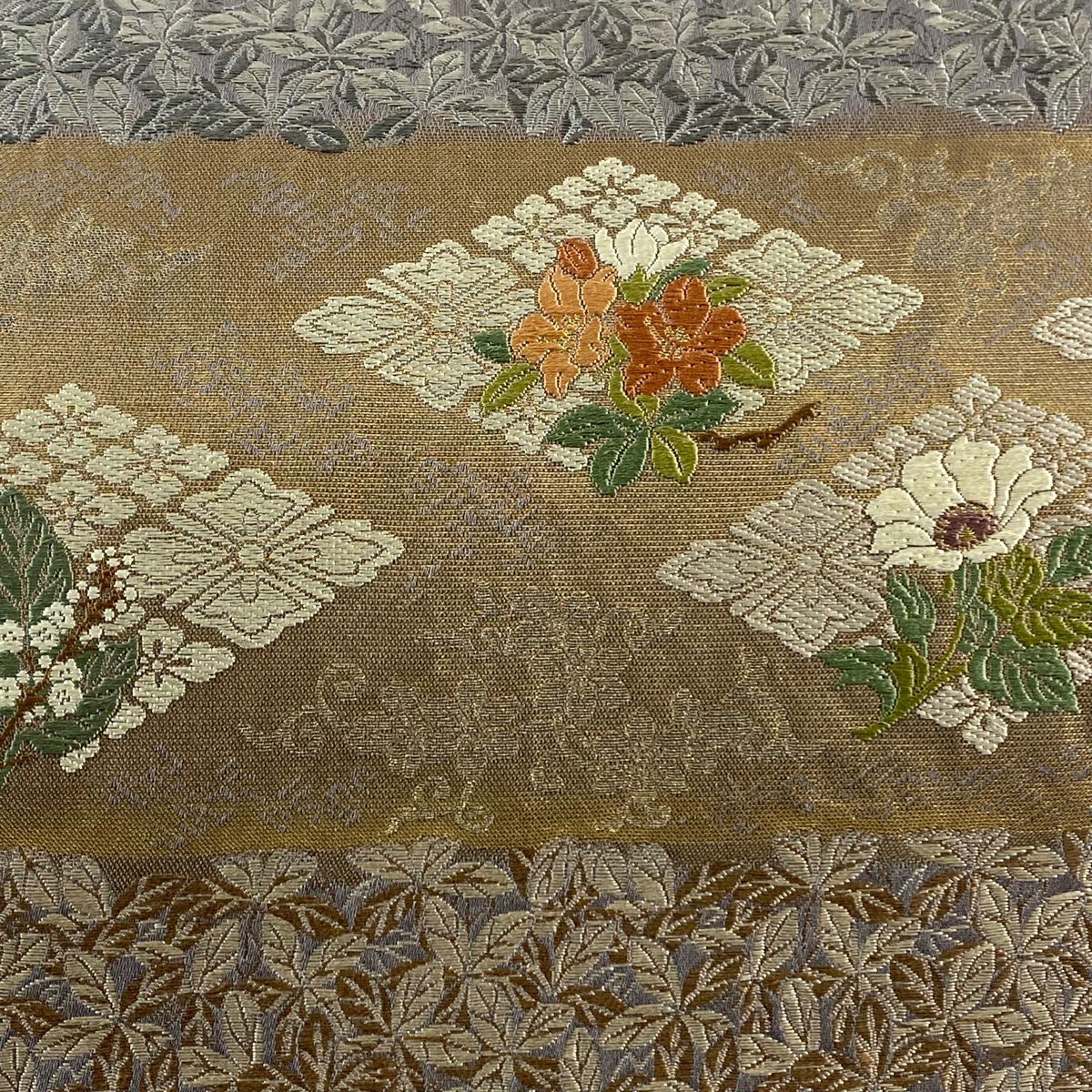 袋帶 秀品級 花菱 東宮御一家御印文 刺繡 金金箔 灰紫 六通 純蠶絲
