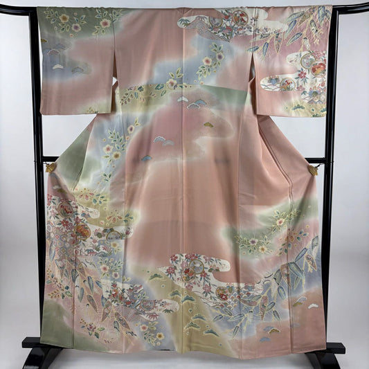 訪問服 身長161.5cm 袖長63.5cm S 雙層 圓文 竹子 金銀彩 金絲 粉色 純蠶絲 名品級