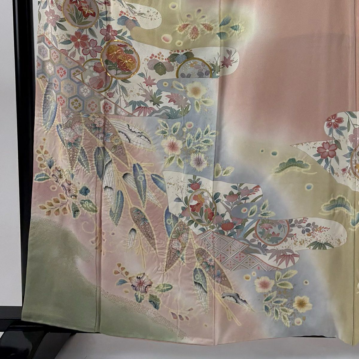 訪問服 身長161.5cm 袖長63.5cm S 雙層 圓文 竹子 金銀彩 金絲 粉色 純蠶絲 名品級