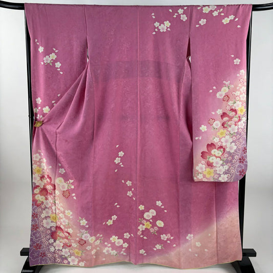 【美品】振袖禮服 身長165cm 袖長67cm M 雙層櫻花瓣金銀彩暈染粉紅純蠶絲名品級