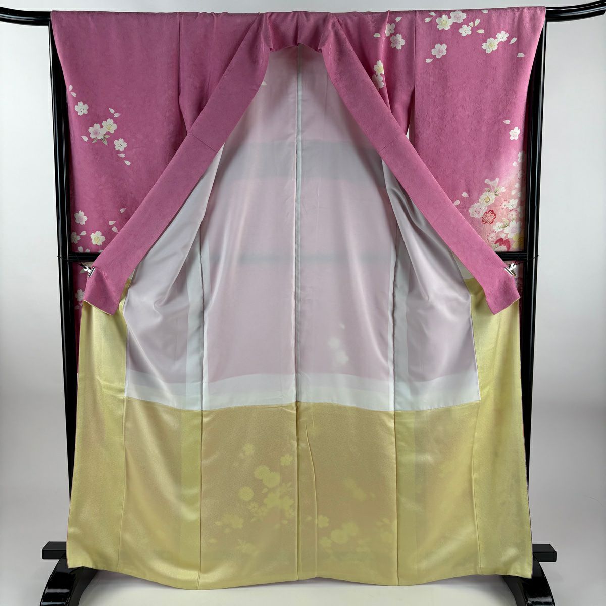 【美品】振袖禮服 身長165cm 袖長67cm M 雙層櫻花瓣金銀彩暈染粉紅純蠶絲名品級