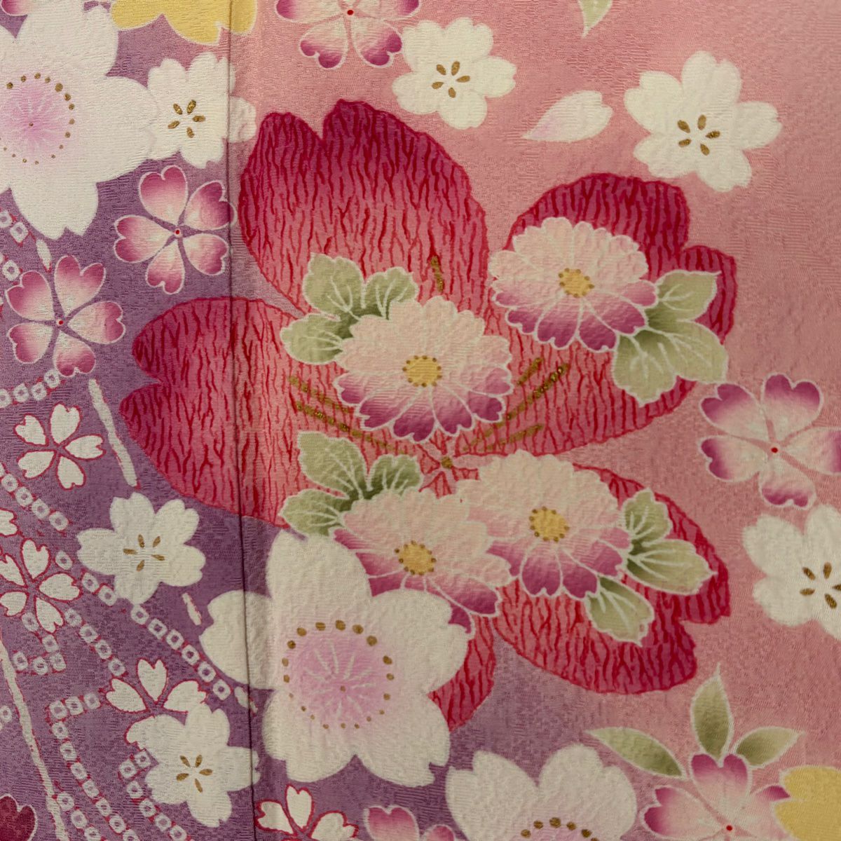 【美品】振袖禮服 身長165cm 袖長67cm M 雙層櫻花瓣金銀彩暈染粉紅純蠶絲名品級