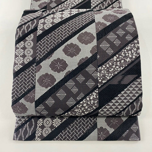 【美品】 袋帶 名品級 斜紋 花 濃紫 六通 純蠶絲