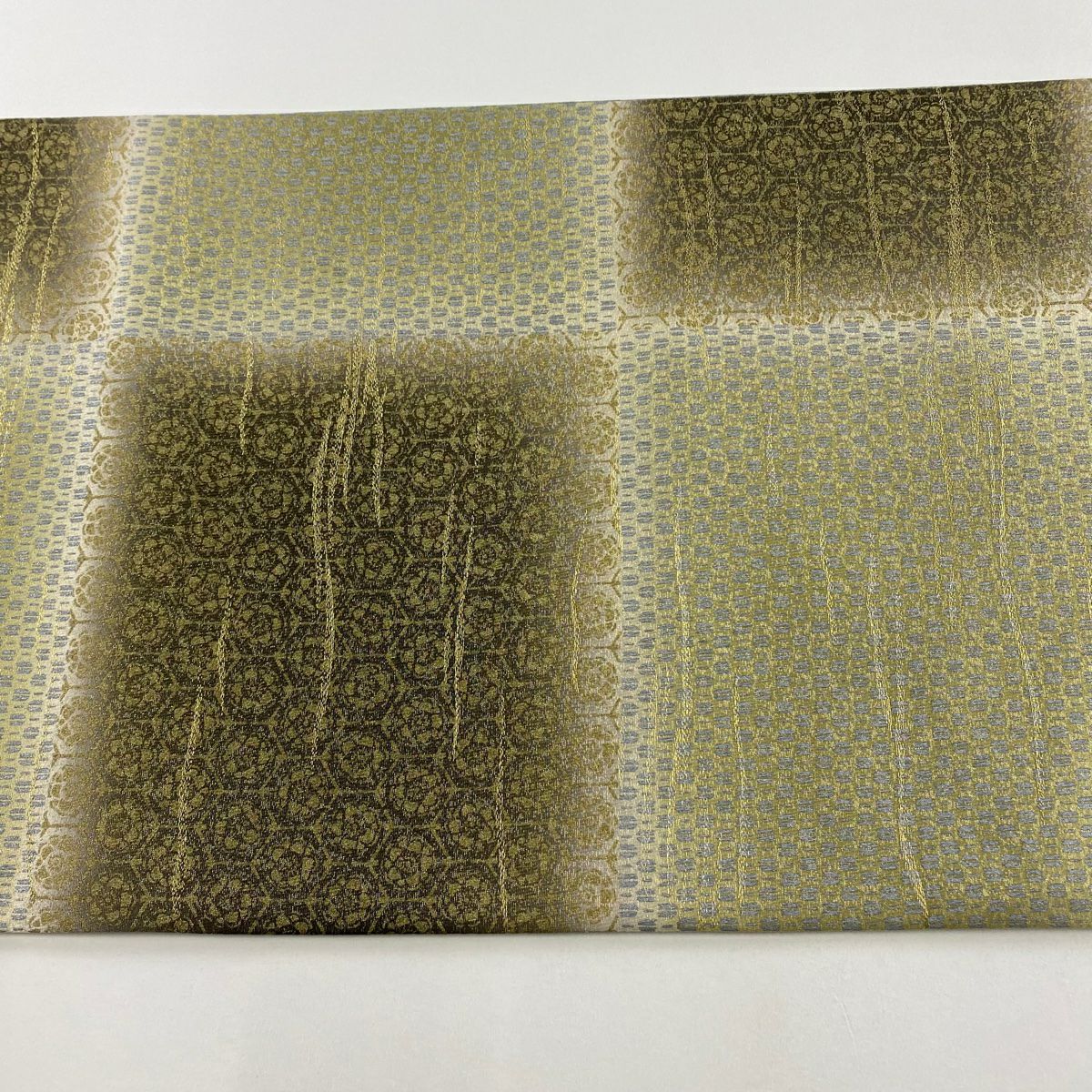 袋帶 名品級 附有落款 綠茶染 花卉 龜甲 金絲 金銀彩 灰綠 全通 純蠶絲