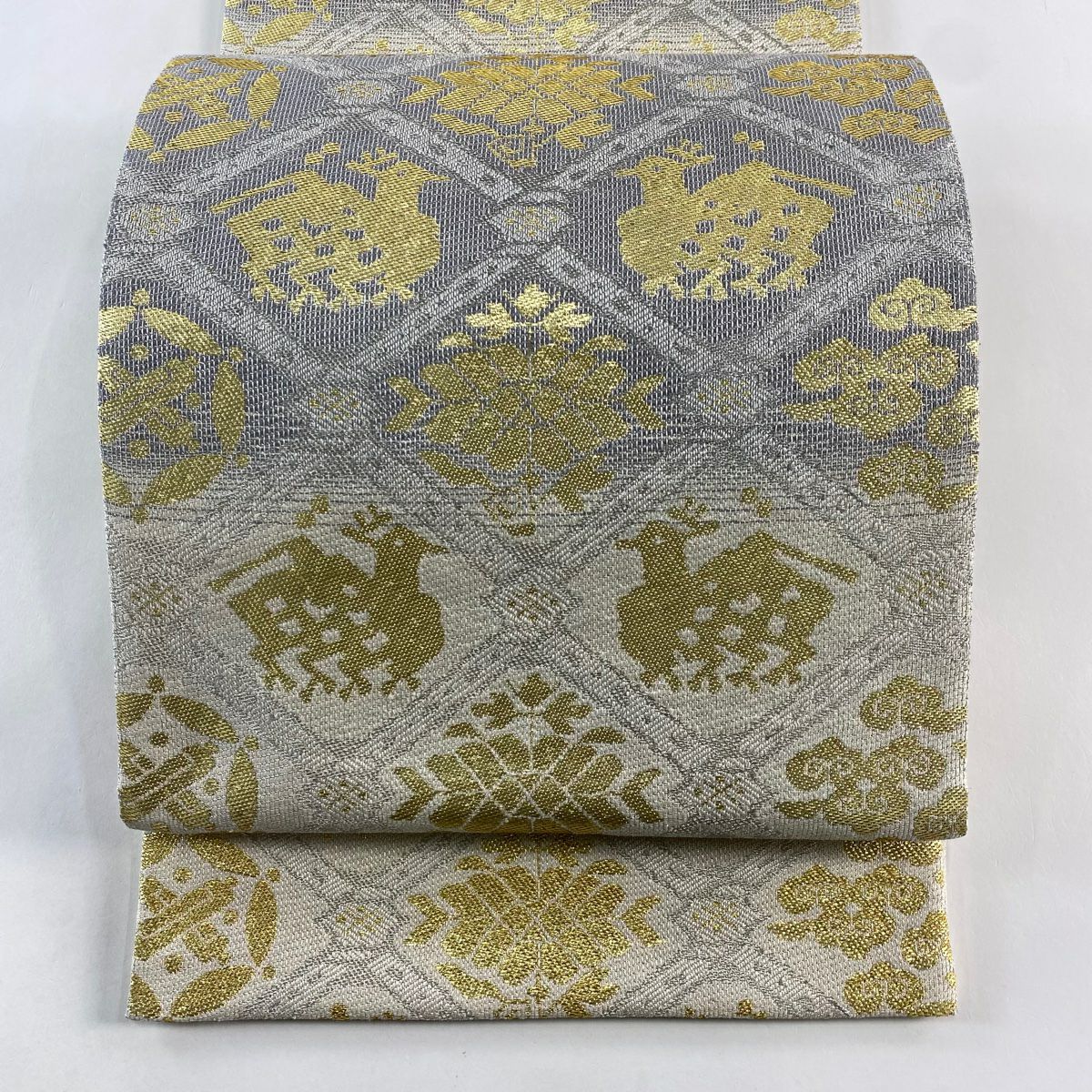 【美品】 袋帶 名品級 有栖川 金金箔 銀線 灰 深藍 六通 純蠶絲