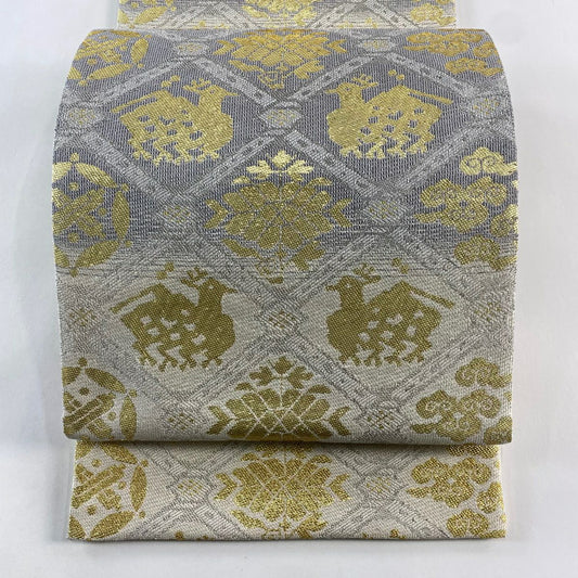 【美品】 袋帶 名品級 有栖川 金金箔 銀線 灰 深藍 六通 純蠶絲