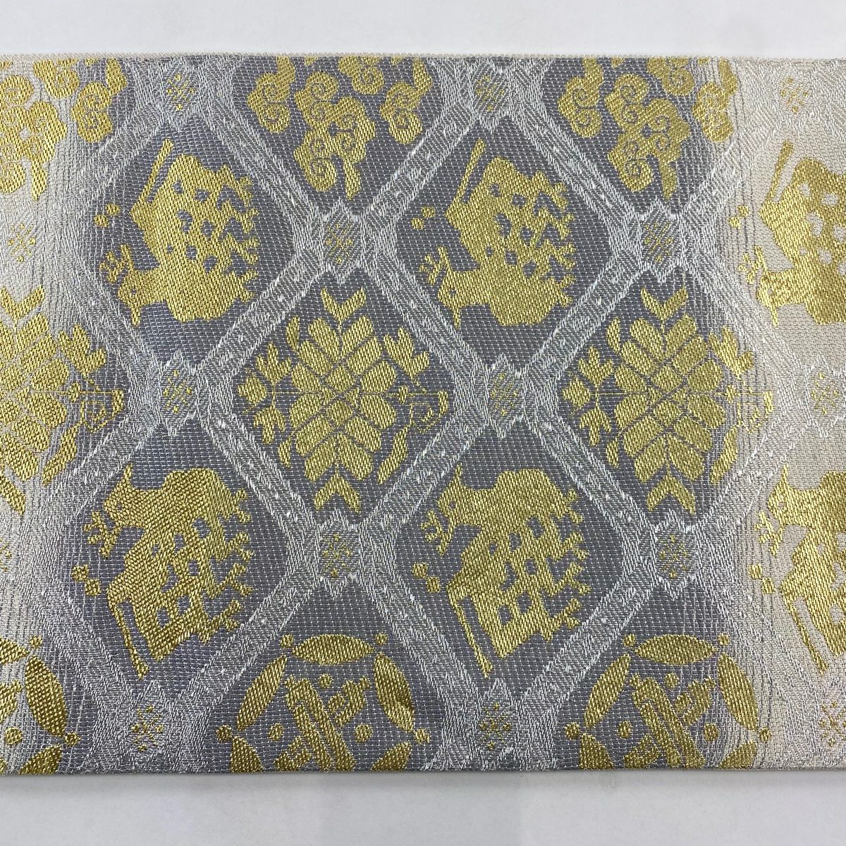 【美品】 袋帶 名品級 有栖川 金金箔 銀線 灰 深藍 六通 純蠶絲