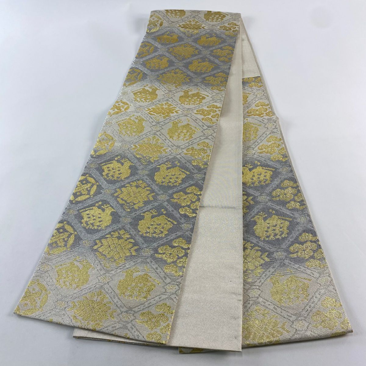 【美品】 袋帶 名品級 有栖川 金金箔 銀線 灰 深藍 六通 純蠶絲