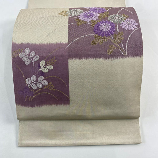 袋帶 名品級 夏帶 菊花 萩 金絲 金金箔 米色 大鼓圖案 純蠶絲