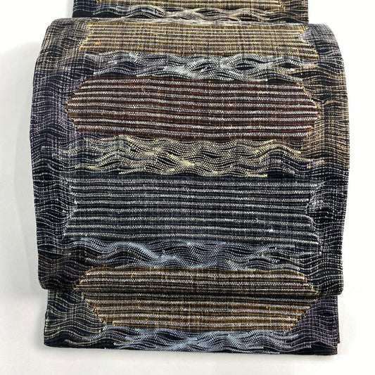 袋帶 名品級 縞紋 雜紋 金絲 金金箔 黑色 大鼓圖案 純蠶絲