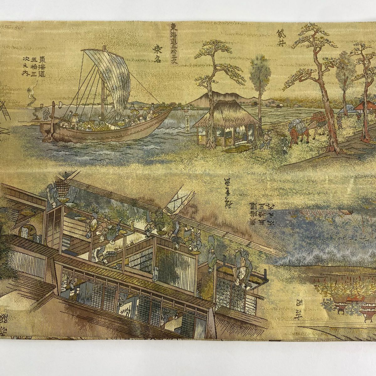 袋帶 名品級 雙面 家屋 橋 金金箔 米色 大鼓圖案 純蠶絲