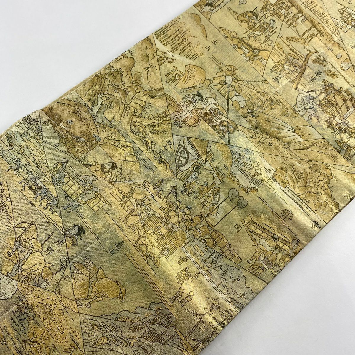 袋帶 名品級 雙面 家屋 橋 金金箔 米色 大鼓圖案 純蠶絲
