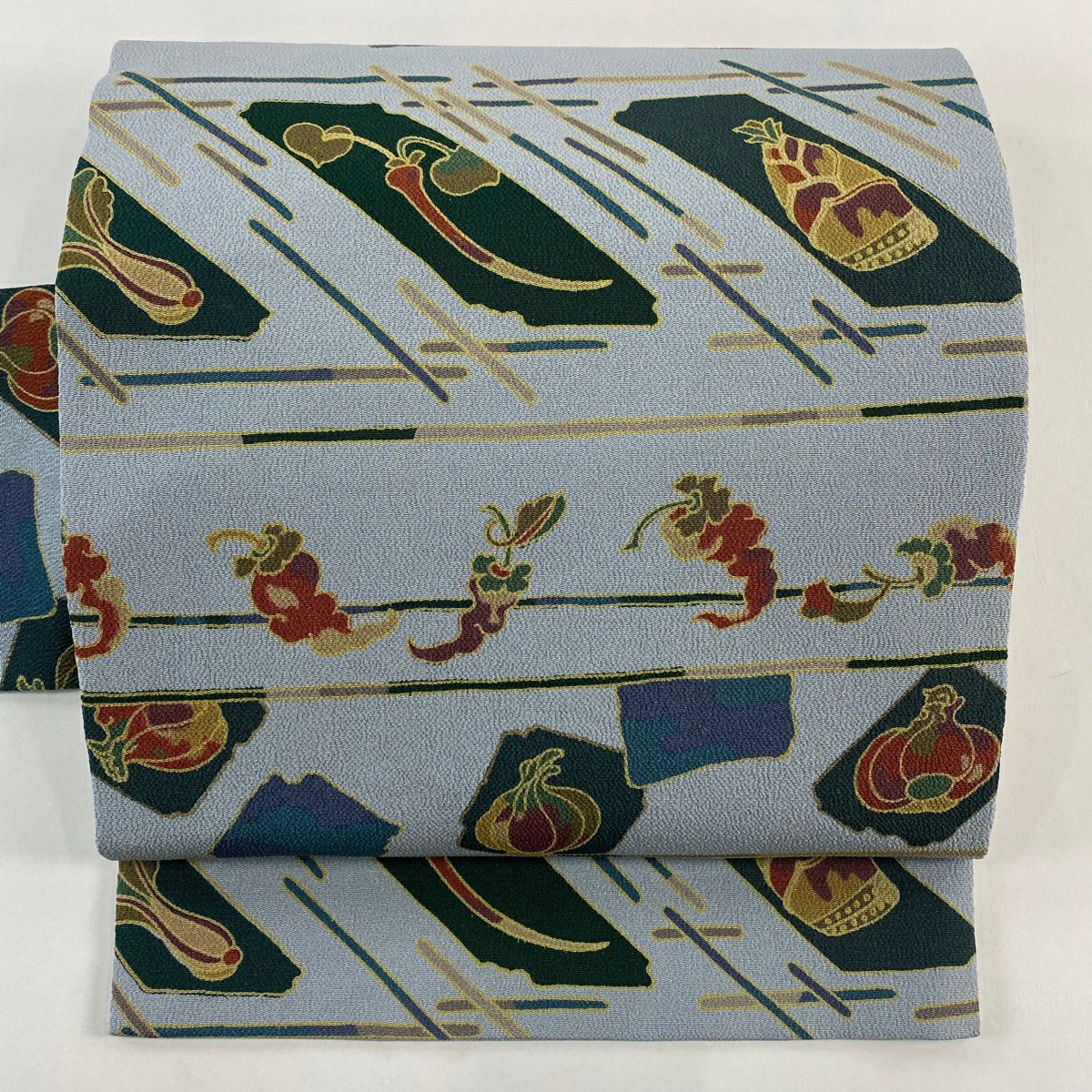 【美品】 名古屋帶 秀品級 野菜 幾何學 縮緬 青灰 純蠶絲