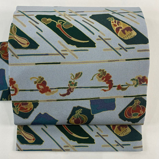 【美品】 名古屋帶 秀品級 野菜 幾何學 縮緬 青灰 純蠶絲