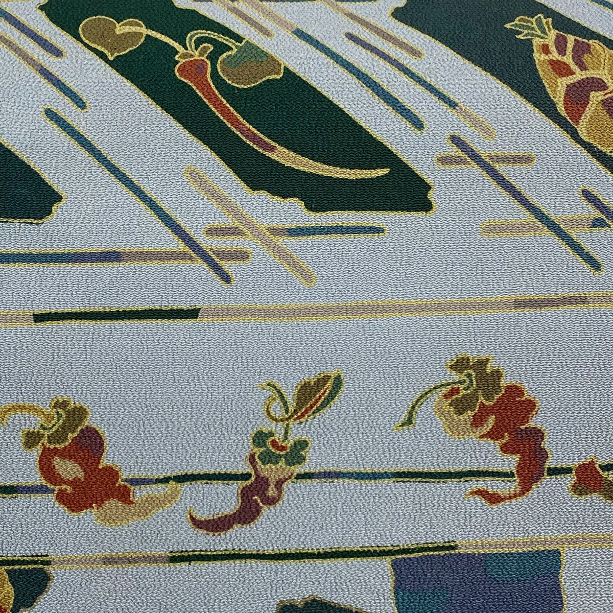 【美品】 名古屋帶 秀品級 野菜 幾何學 縮緬 青灰 純蠶絲