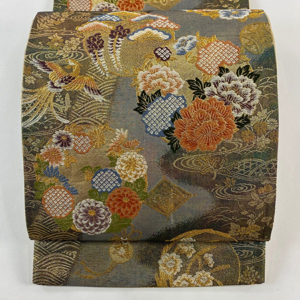 【美品】 袋帶 秀品級 花鳥 花丸紋 金絲 金金箔 淺茶 六通 純蠶絲