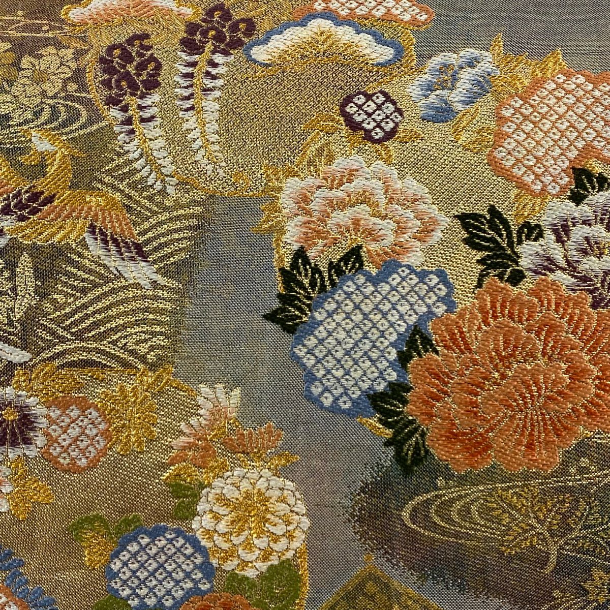 【美品】 袋帶 秀品級 花鳥 花丸紋 金絲 金金箔 淺茶 六通 純蠶絲