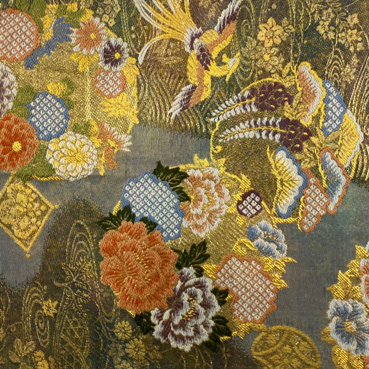 【美品】 袋帶 秀品級 花鳥 花丸紋 金絲 金金箔 淺茶 六通 純蠶絲
