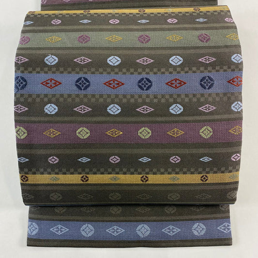 【美品】 開口名古屋帶 優品級 段紋 七寶 金絲 灰色 純蠶絲