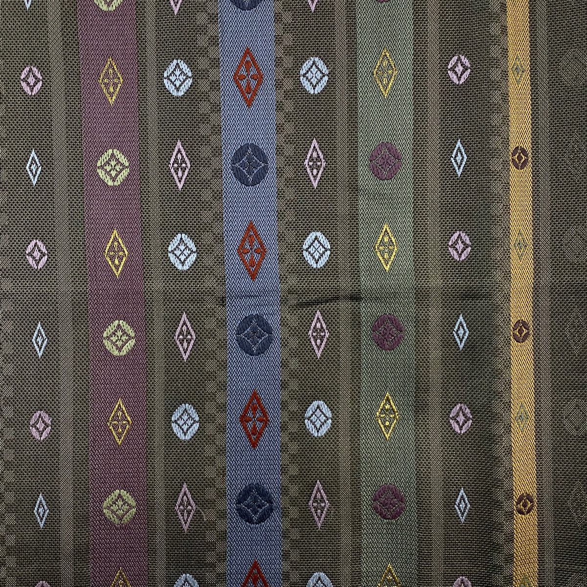 【美品】 開口名古屋帶 優品級 段紋 七寶 金絲 灰色 純蠶絲