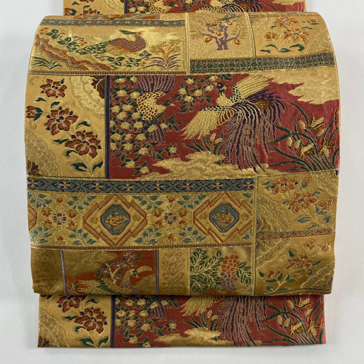 【美品】 袋帶 秀品級 正倉院裂文 花鳥 金糸 金金箔 黃土 深藍 六通 純蠶絲