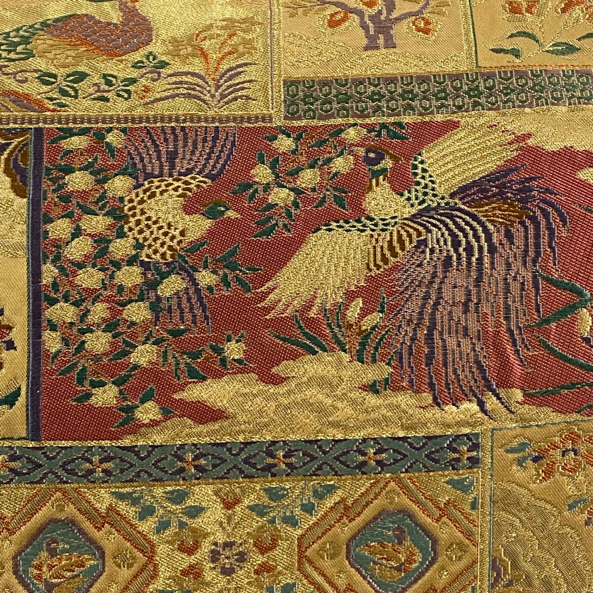 【美品】 袋帶 秀品級 正倉院裂文 花鳥 金糸 金金箔 黃土 深藍 六通 純蠶絲