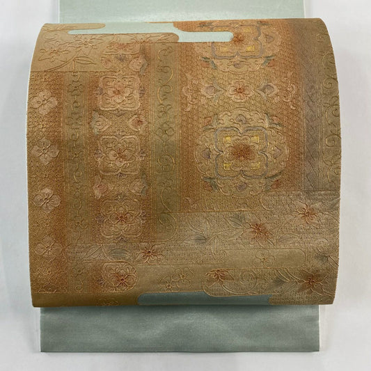袋帶 秀品級 華紋 ヱ霞 金絲 金銀彩 淺綠 お太鼓圖案 純蠶絲