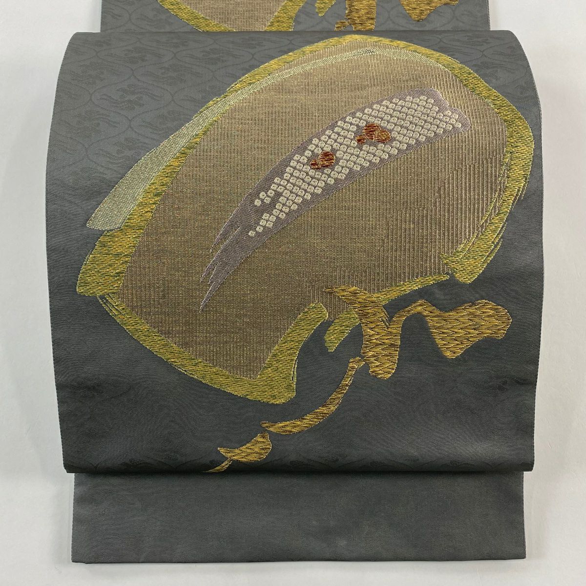 【美品】 袋帶 秀品級 幾何圖案 金絲 灰色 六通 純蠶絲