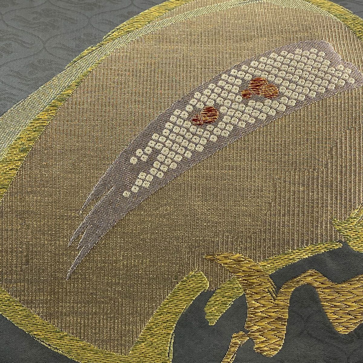 【美品】 袋帶 秀品級 幾何圖案 金絲 灰色 六通 純蠶絲