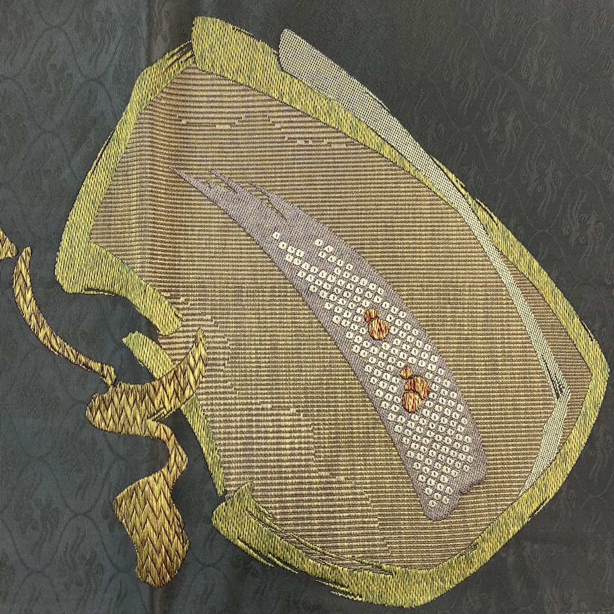 【美品】 袋帶 秀品級 幾何圖案 金絲 灰色 六通 純蠶絲