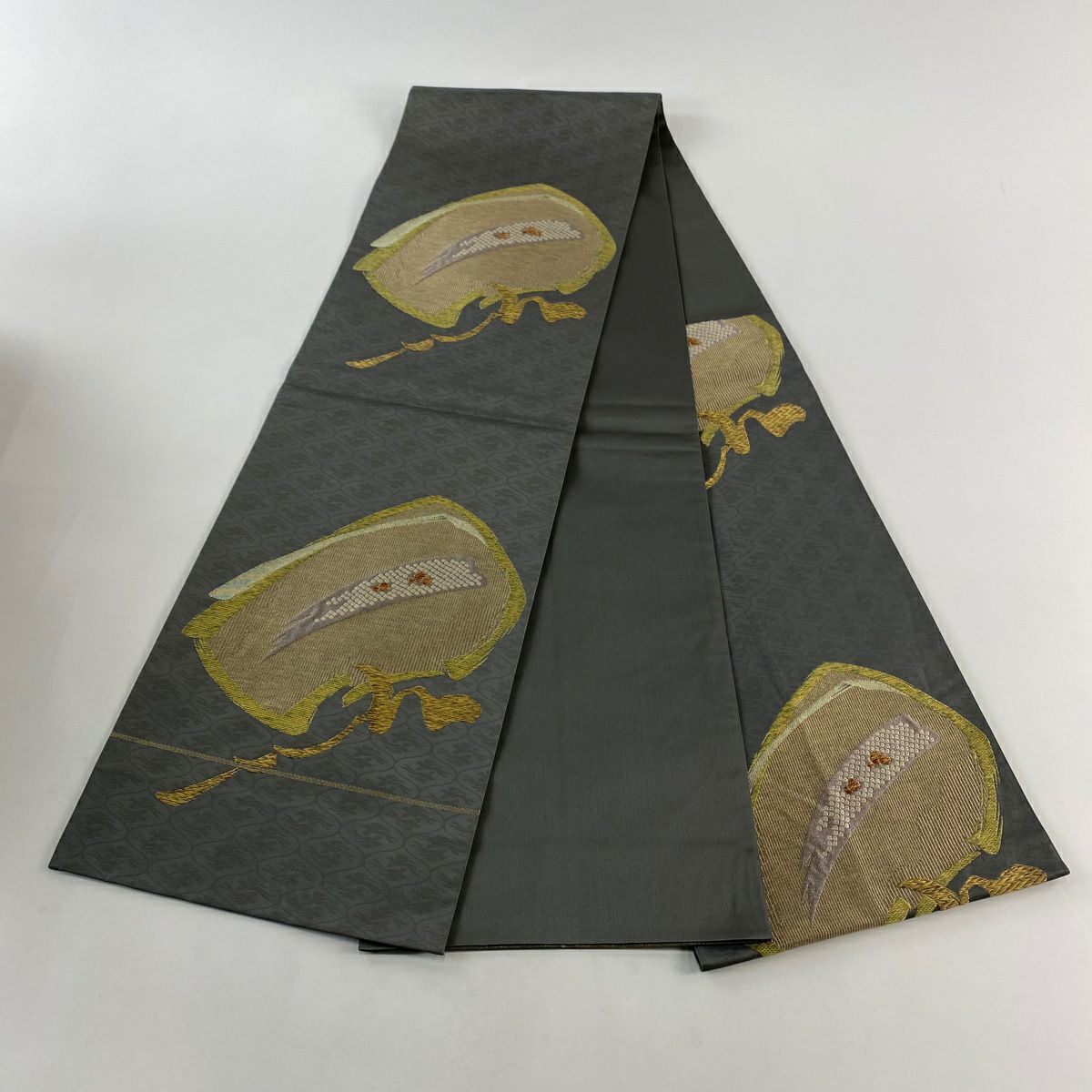 【美品】 袋帶 秀品級 幾何圖案 金絲 灰色 六通 純蠶絲