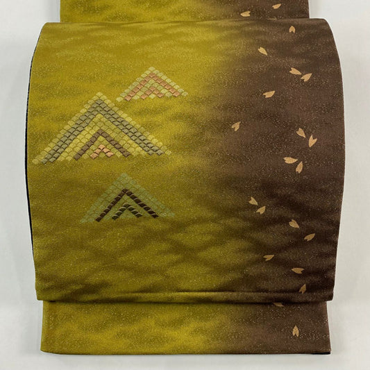 袋帶 秀品級 櫻花花瓣 幾何圖案 銀線 刺繡 鶯色 大鼓圖案 純蠶絲