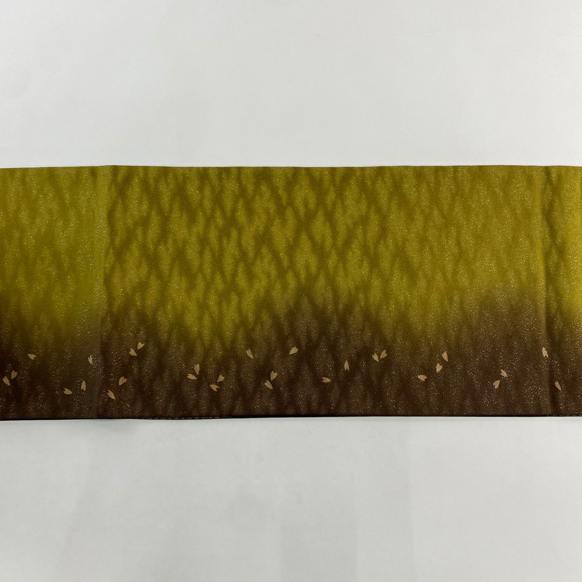 袋帶 秀品級 櫻花花瓣 幾何圖案 銀線 刺繡 鶯色 大鼓圖案 純蠶絲