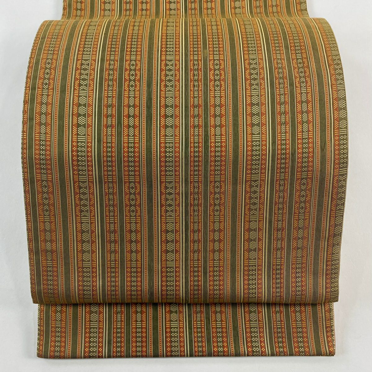 【美品】 袋帶 秀品級 附落款 あらいそ 縞 幾何學圖案 山吹茶 純蠶絲