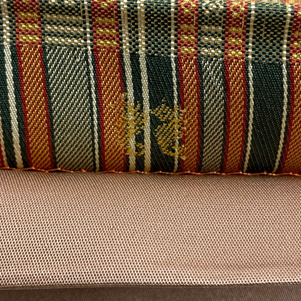 【美品】 袋帶 秀品級 附落款 あらいそ 縞 幾何學圖案 山吹茶 純蠶絲