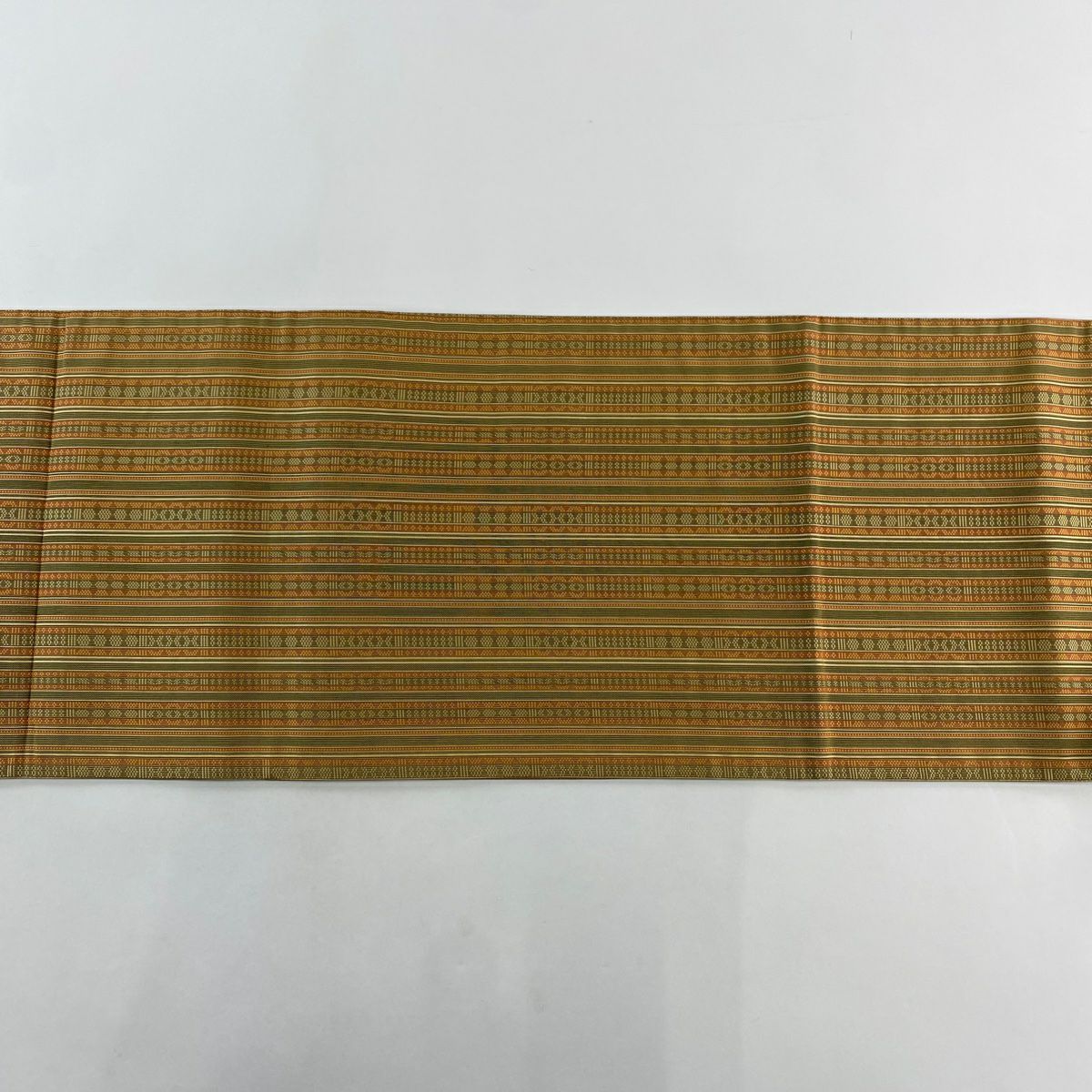 【美品】 袋帶 秀品級 附落款 あらいそ 縞 幾何學圖案 山吹茶 純蠶絲