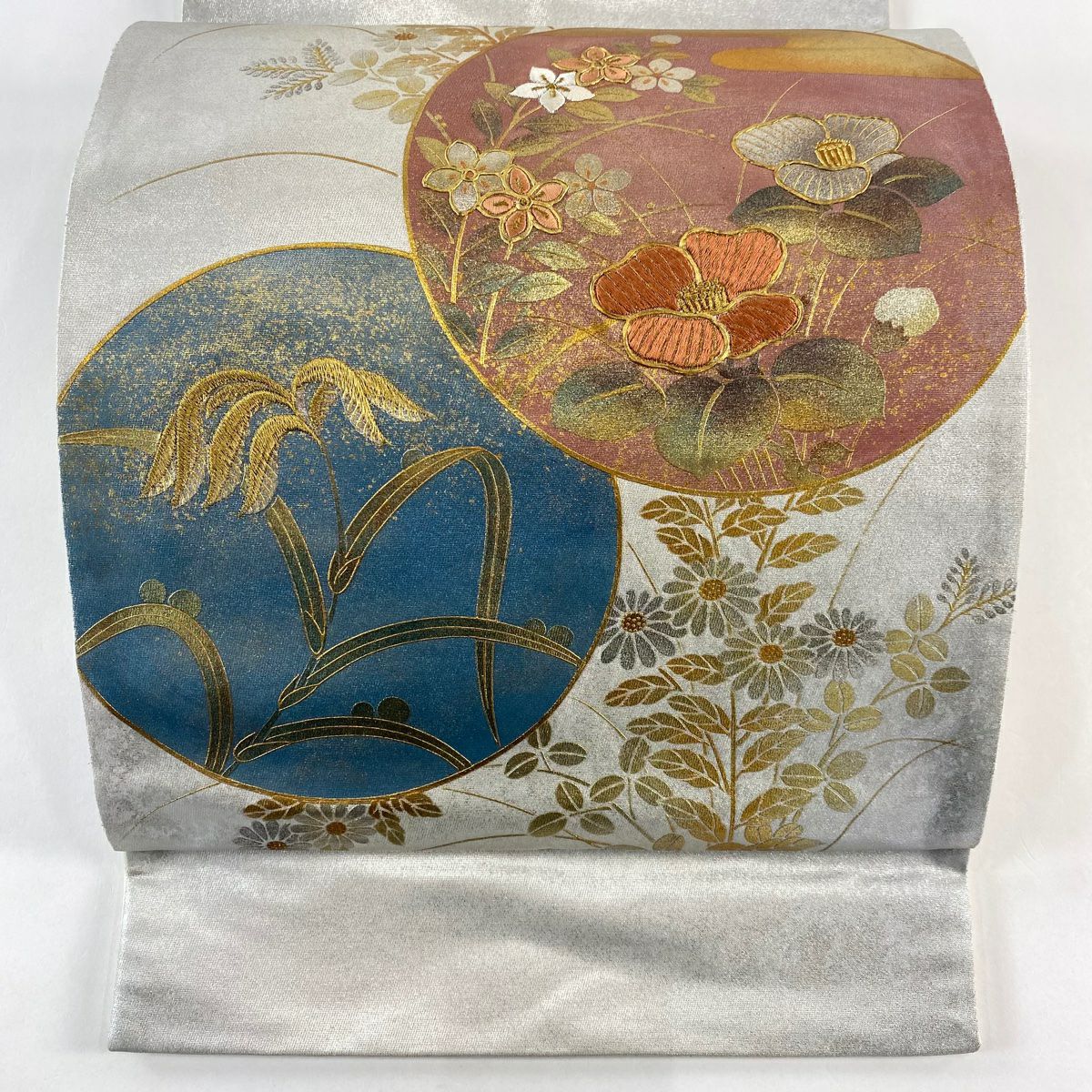 袋帶 秀品級 草花紋紋 雲霞 金絲 金銀彩 銀 純蠶絲