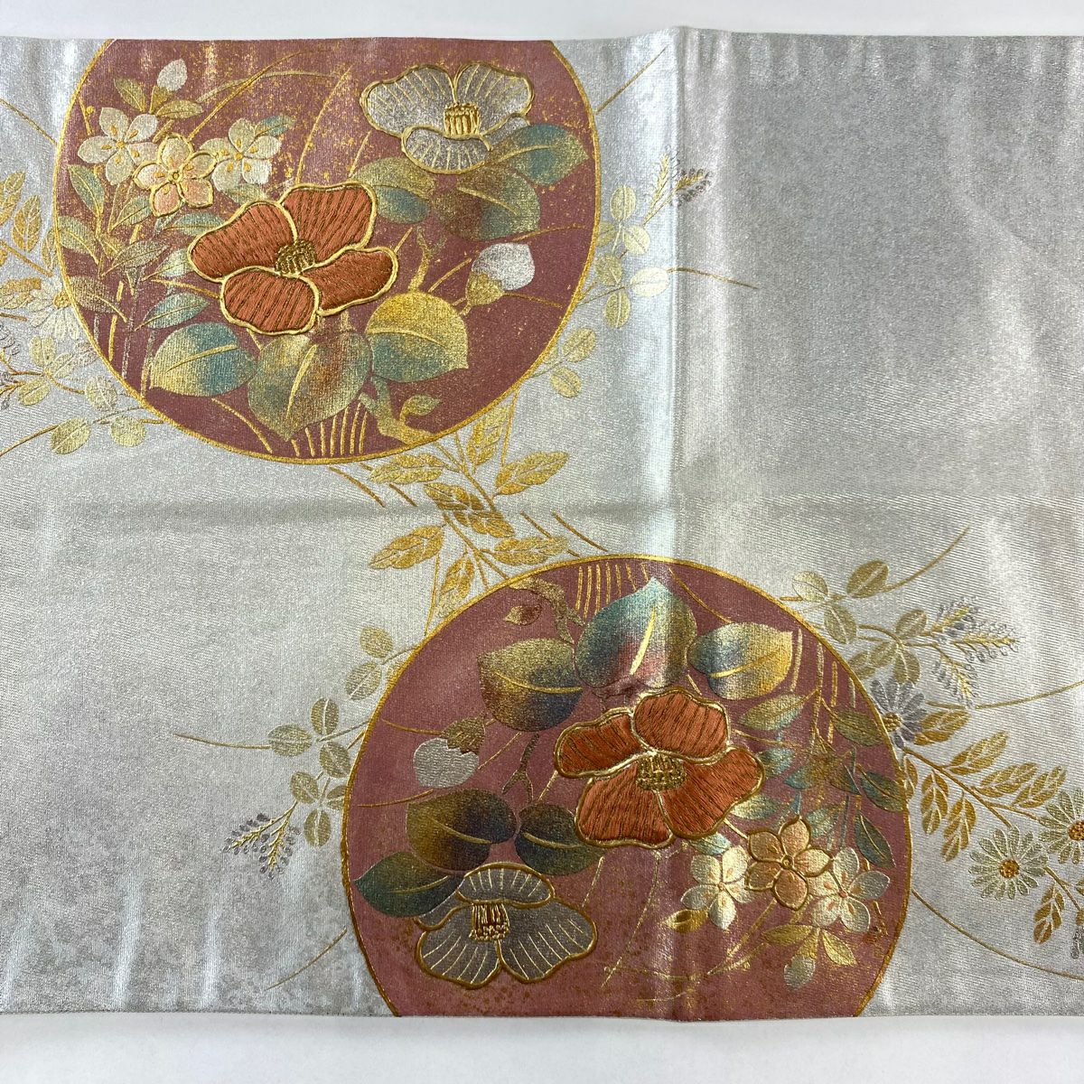 袋帶 秀品級 草花紋紋 雲霞 金絲 金銀彩 銀 純蠶絲