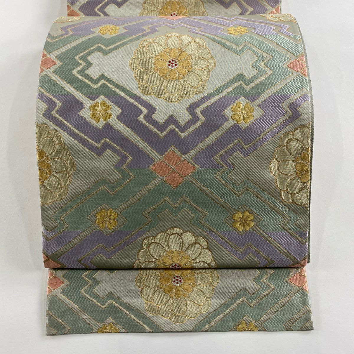 【美品】 袋帶 秀品級 花 菱 金銀糸 金金箔 淺綠 六通 純蠶絲