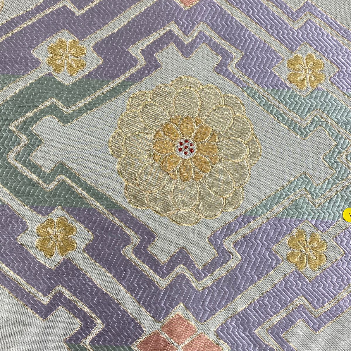 【美品】 袋帶 秀品級 花 菱 金銀糸 金金箔 淺綠 六通 純蠶絲