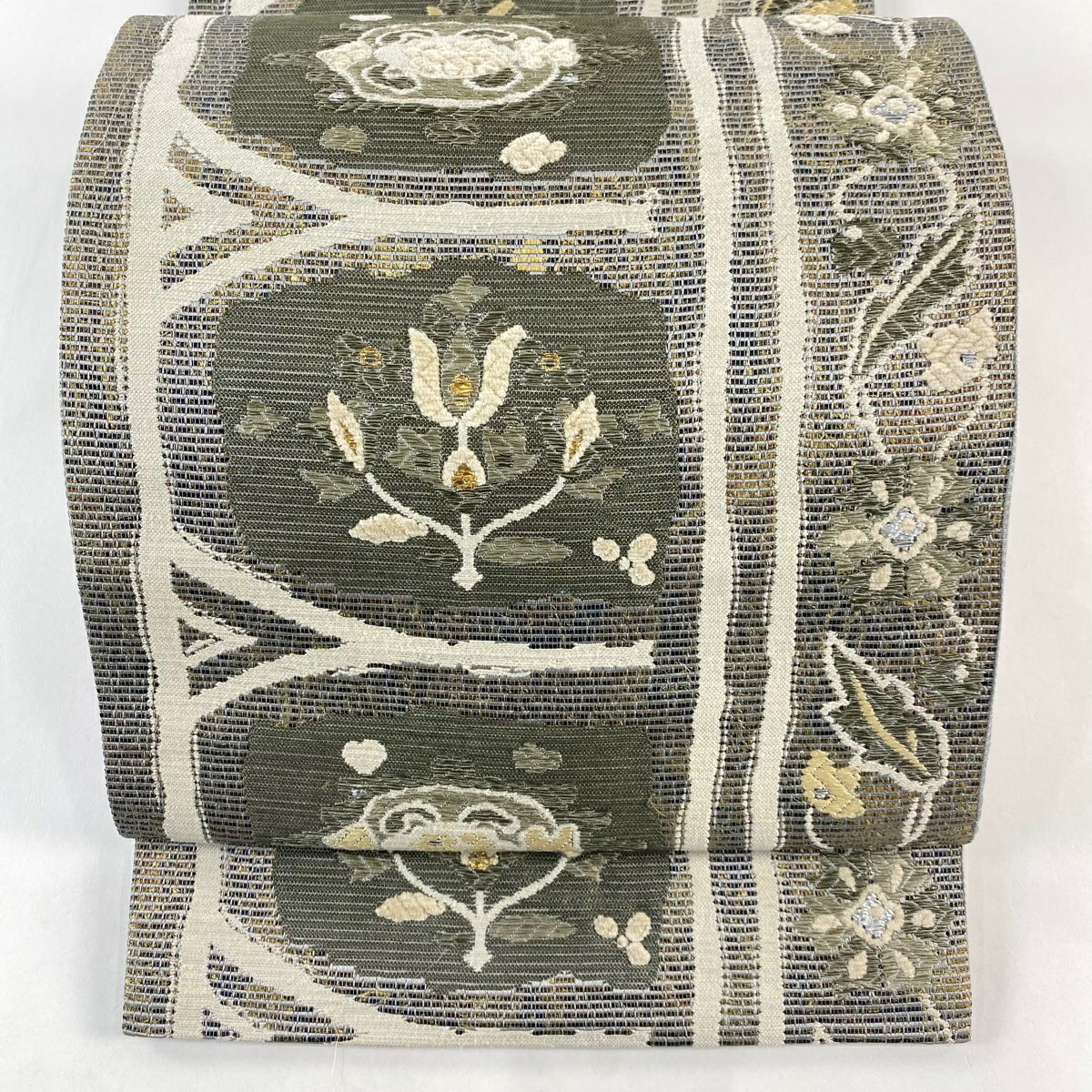 袋帶 秀品級 草花紋紋 幾何學 金金箔 刺繡 灰綠 六通 純蠶絲