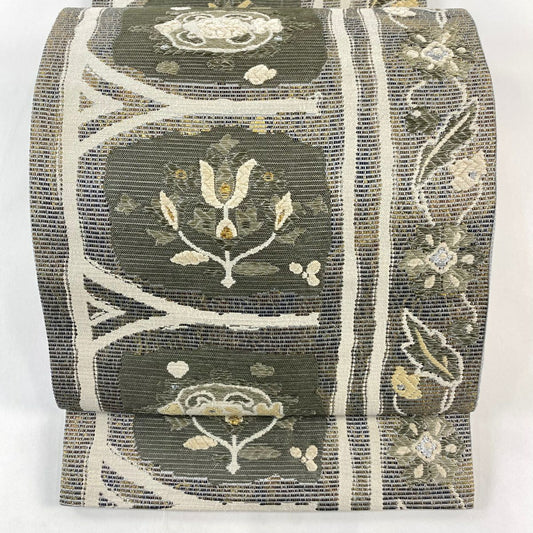 袋帶 秀品級 草花紋紋 幾何學 金金箔 刺繡 灰綠 六通 純蠶絲