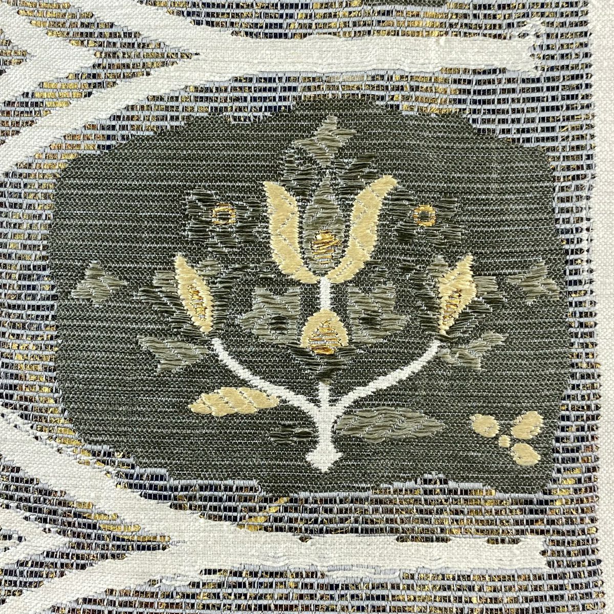 袋帶 秀品級 草花紋紋 幾何學 金金箔 刺繡 灰綠 六通 純蠶絲