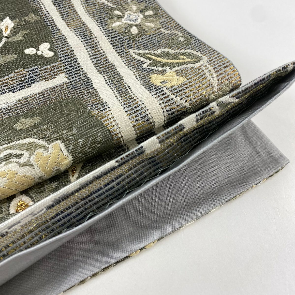 袋帶 秀品級 草花紋紋 幾何學 金金箔 刺繡 灰綠 六通 純蠶絲