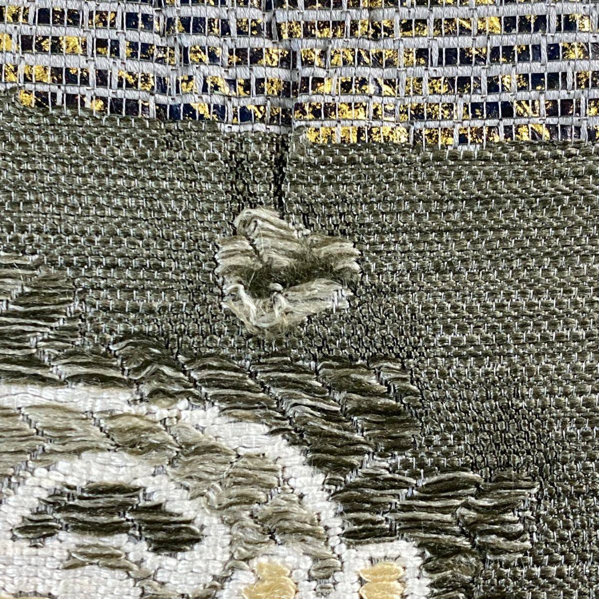袋帶 秀品級 草花紋紋 幾何學 金金箔 刺繡 灰綠 六通 純蠶絲