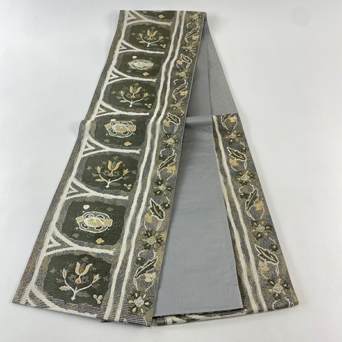 袋帶 秀品級 草花紋紋 幾何學 金金箔 刺繡 灰綠 六通 純蠶絲